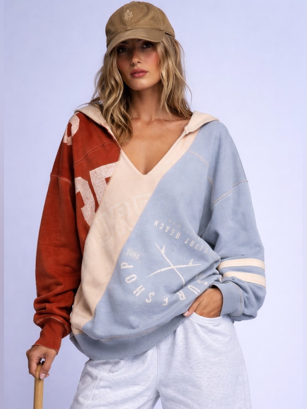 We-The-Free Patchwork V‑Neck Hooded Sweatshirt Pullover XS Oversized ($148)